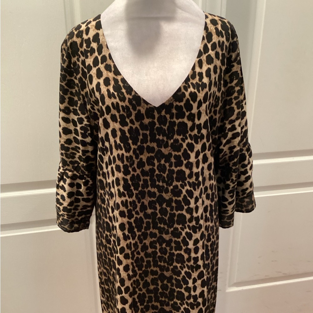 Leopard Print V-Neck Mini Dress - Tan & Black